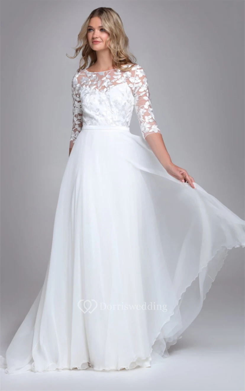 Elegantes A-Linien-Hochzeitskleid aus Chiffon mit U-Boot-Ausschnitt und Schleppe sowie Applikationen