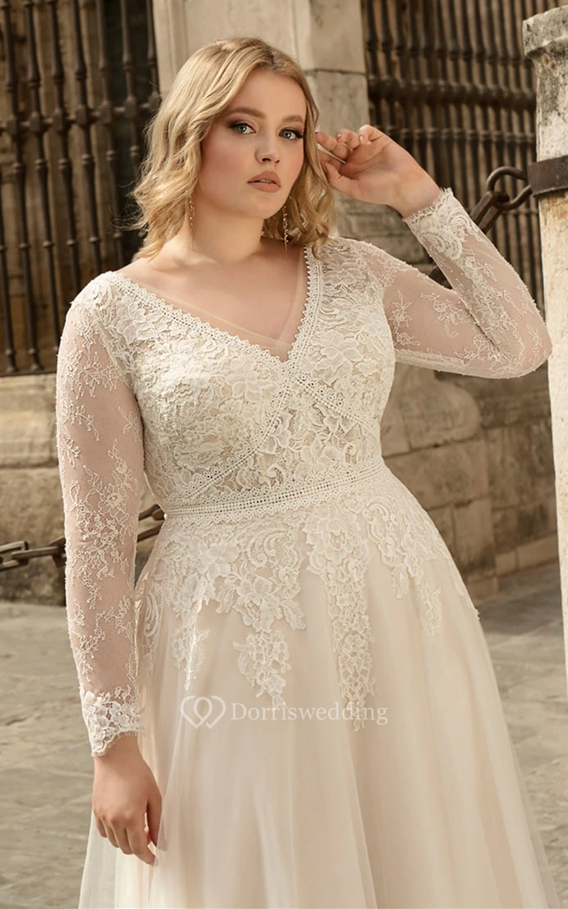 Robe de mariée trapèze à manches longues et col en V simple, ornée d'appliqués et d'une traîne. view 3