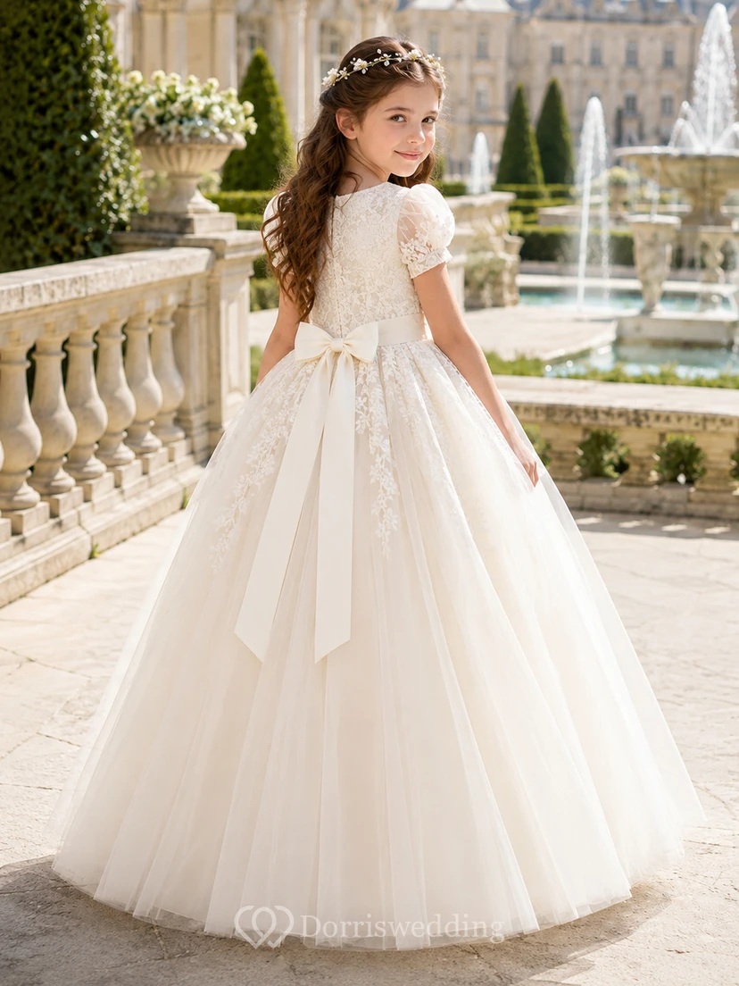 Regal Jewel Neck Puff Sleeve Lace Communion Ball Gown view 2