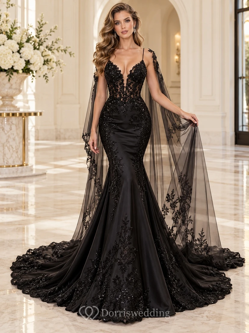 Black Mermaid V-Neck Lace Cape Train Bridal Wedding Dress