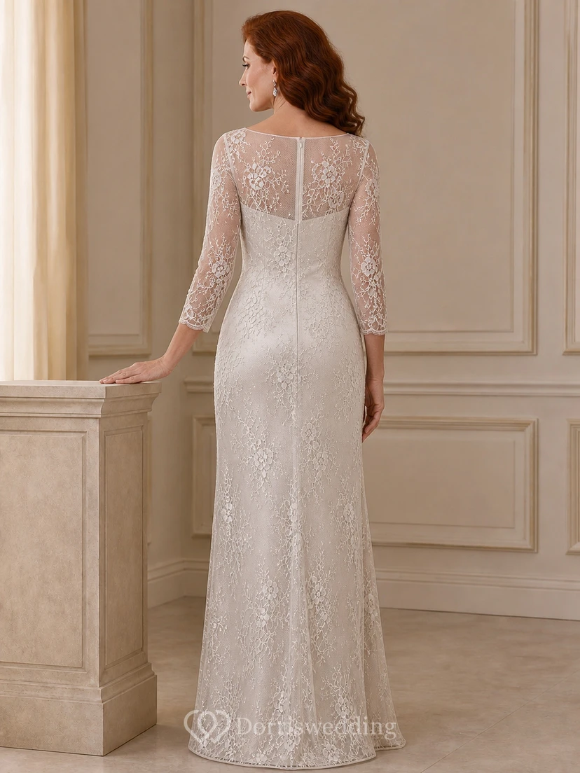 Sleek Modest Older Brides Lace Sheath Floor-length Bateau Three-Quarter Sleeve Mother Dress view 2