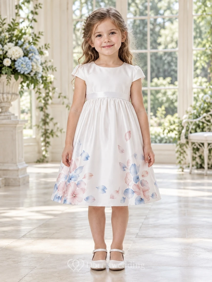 Tea-length White Floral Jewel Neck Cap Sleeve Watercolor Satin Flower Girl Dress