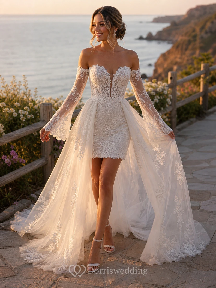 Robe de mariée mini en dentelle à épaules dénudées avec surjupe en tulle amovible et manches longues view 12