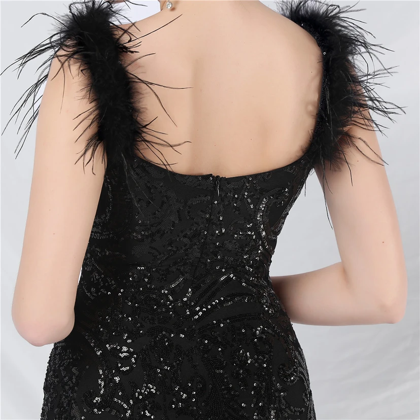 Robe longue haut de gamme en maille à sequins et plumes d'autruche. view 25