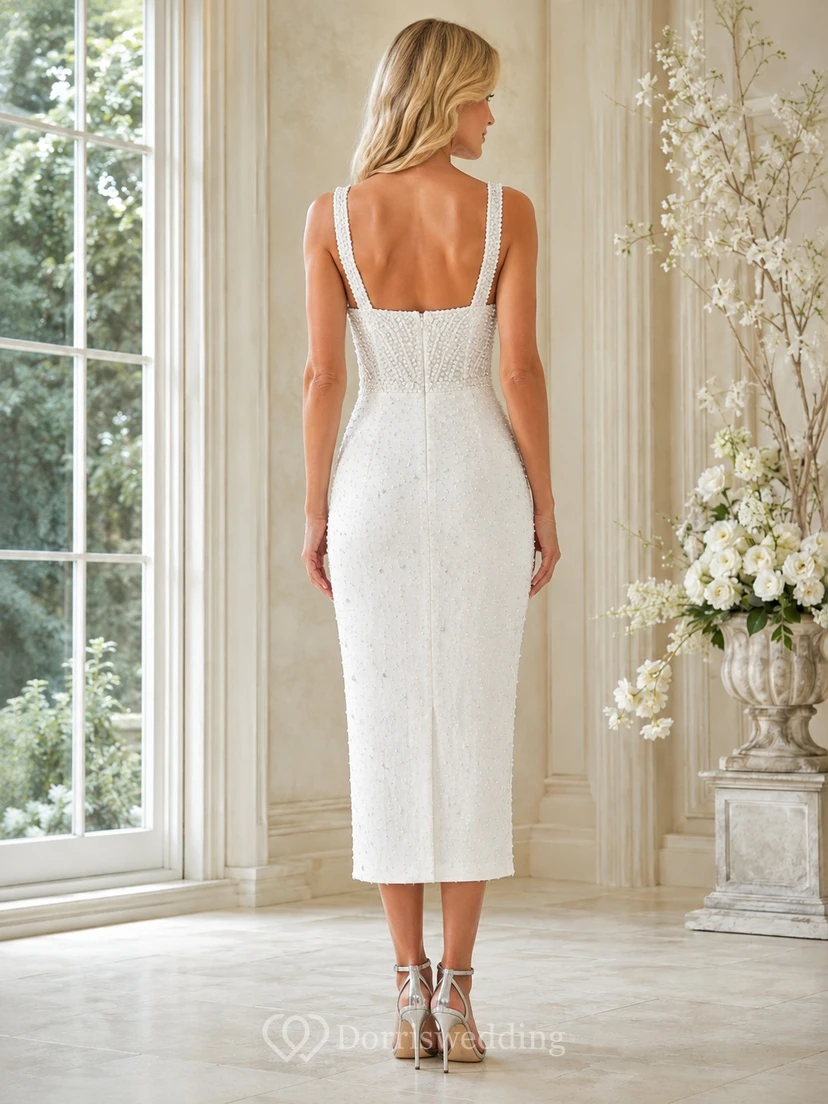 White Square Neck Beaded Sequined Sheath Knee-Length Luxury Evening Dress view 2