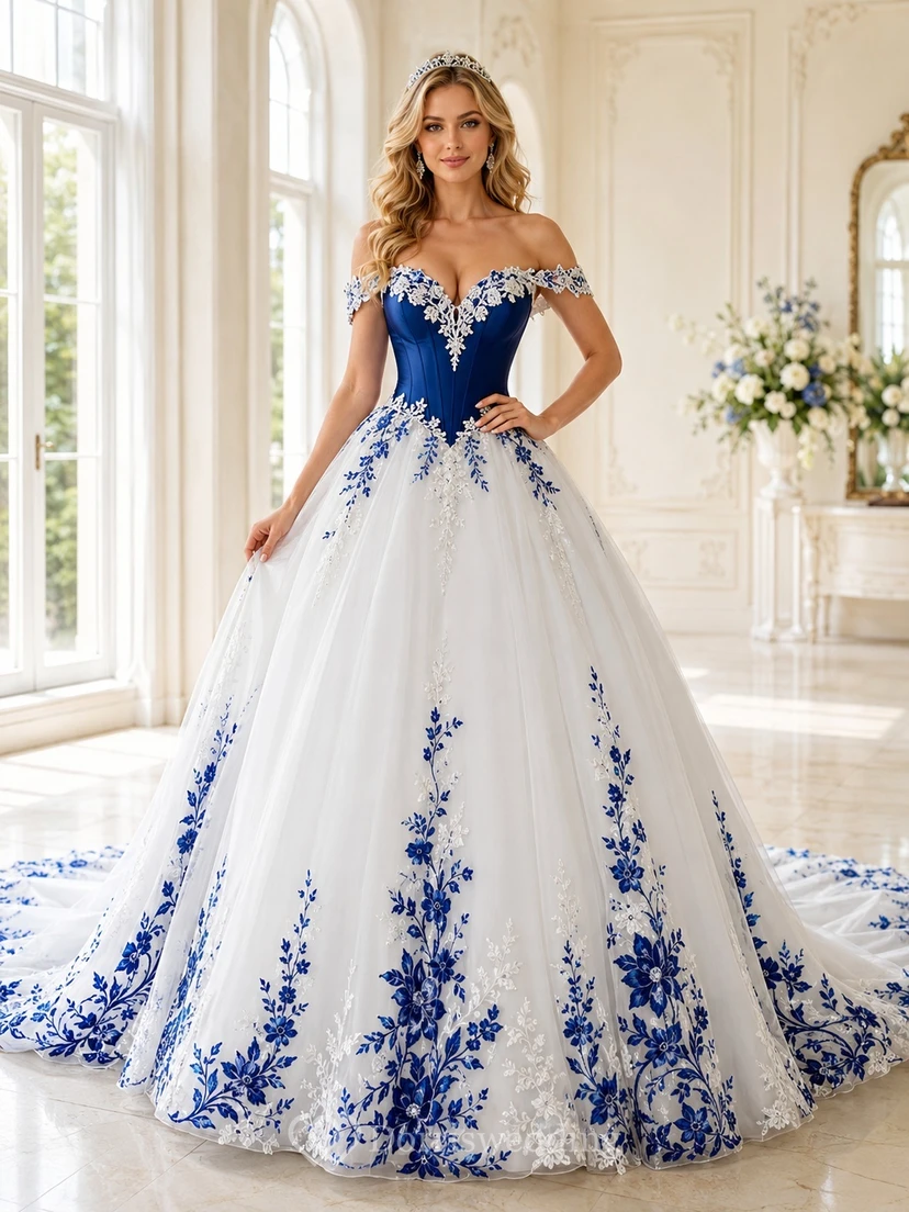 Königsblaues, botanisches Ballkleid mit herzförmigem Ausschnitt, Blütenblattärmeln und Tüll – romantisches Brautkleid für die Kapelle