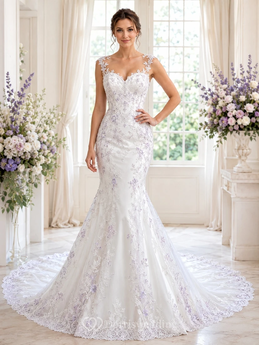 Lavender Lace Mermaid Bridal Dress V-neck Cap Sleeve Cathedral Train