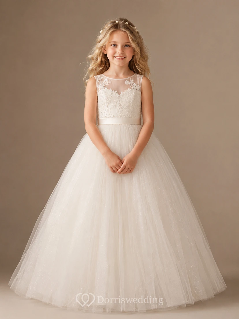 Lace Bodice Ball Gown Tulle A-Line Flower Girl Dress with Jewel Neck and Floor-Length Skirt