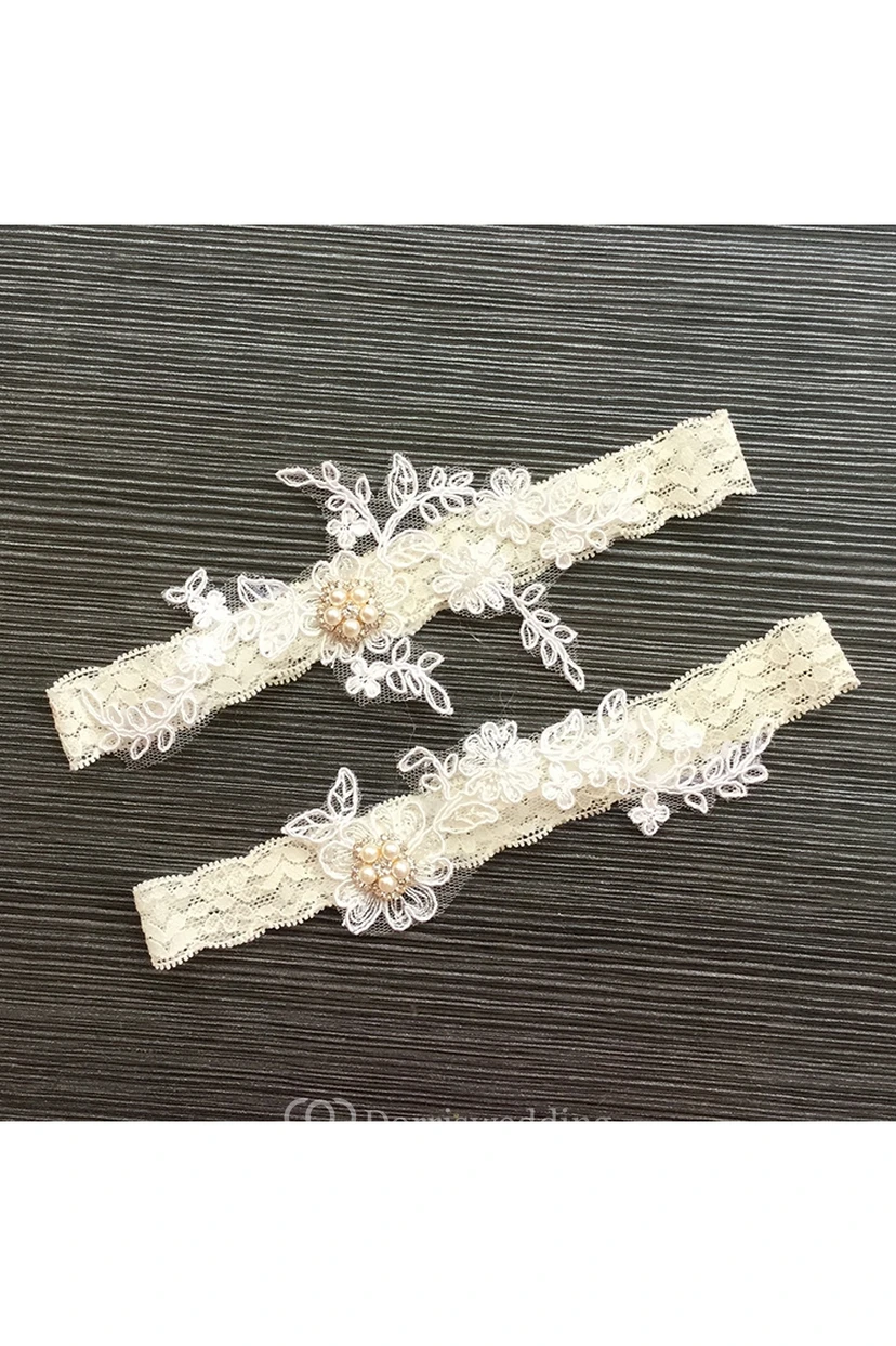 Princess Beige Pearl Lace Applique Stretch Socks Cover Within 16-23inch view 2