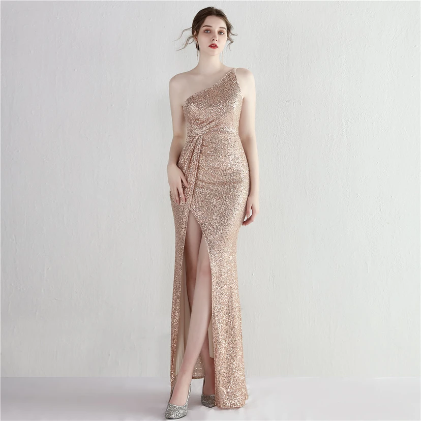 Sequined One-Shoulder Celebrity Cold Banquet Slit Long Sequin Aura Queen Dinner Fishtail Dress view 46