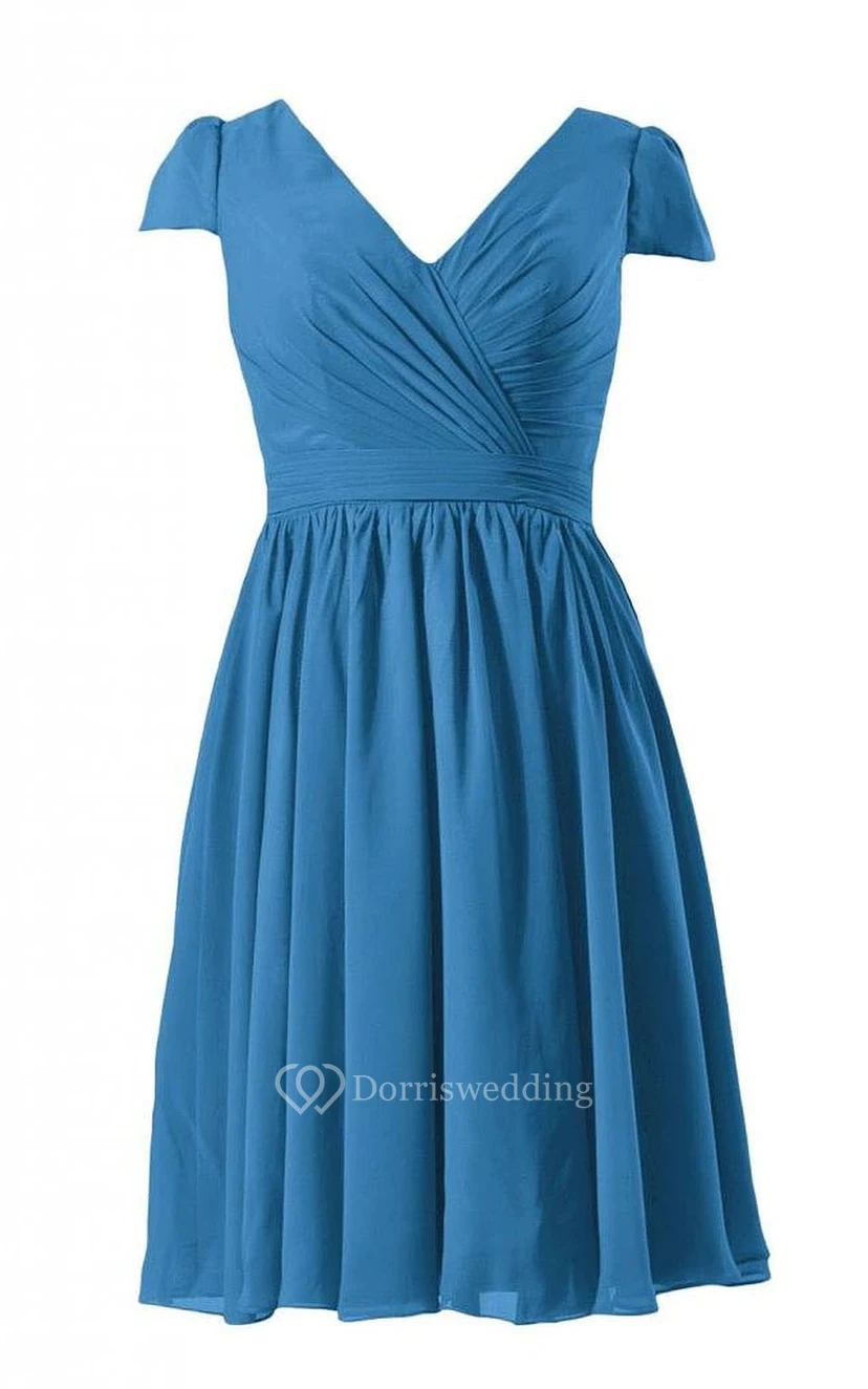 Short Sleeve V-neck Short Pleated Chiffon Dress