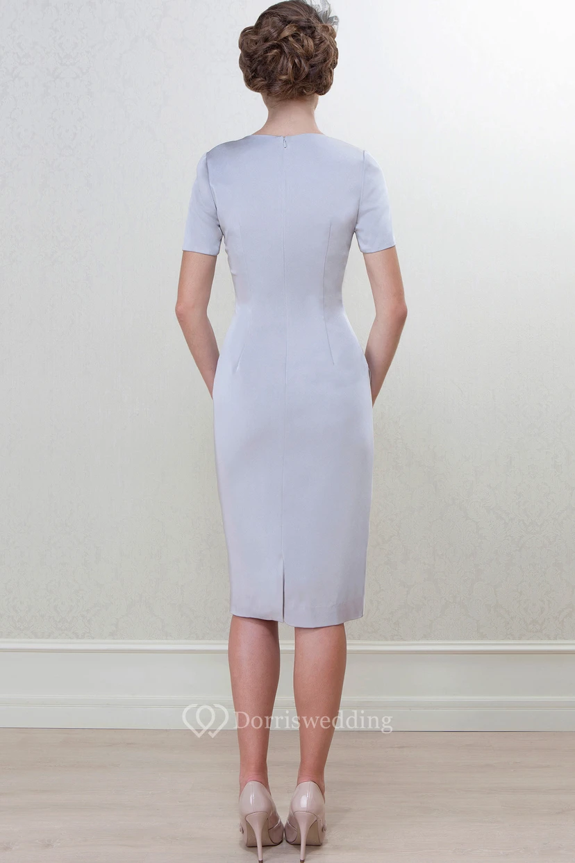 Pencil Knee-Length High Neck Caped 3-4 Sleeve Satin Mother Of The Bride Dress view 4