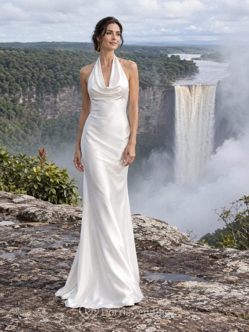 Vestido de novia de satén con escote halter, corpiño drapeado y falda larga ajustada.