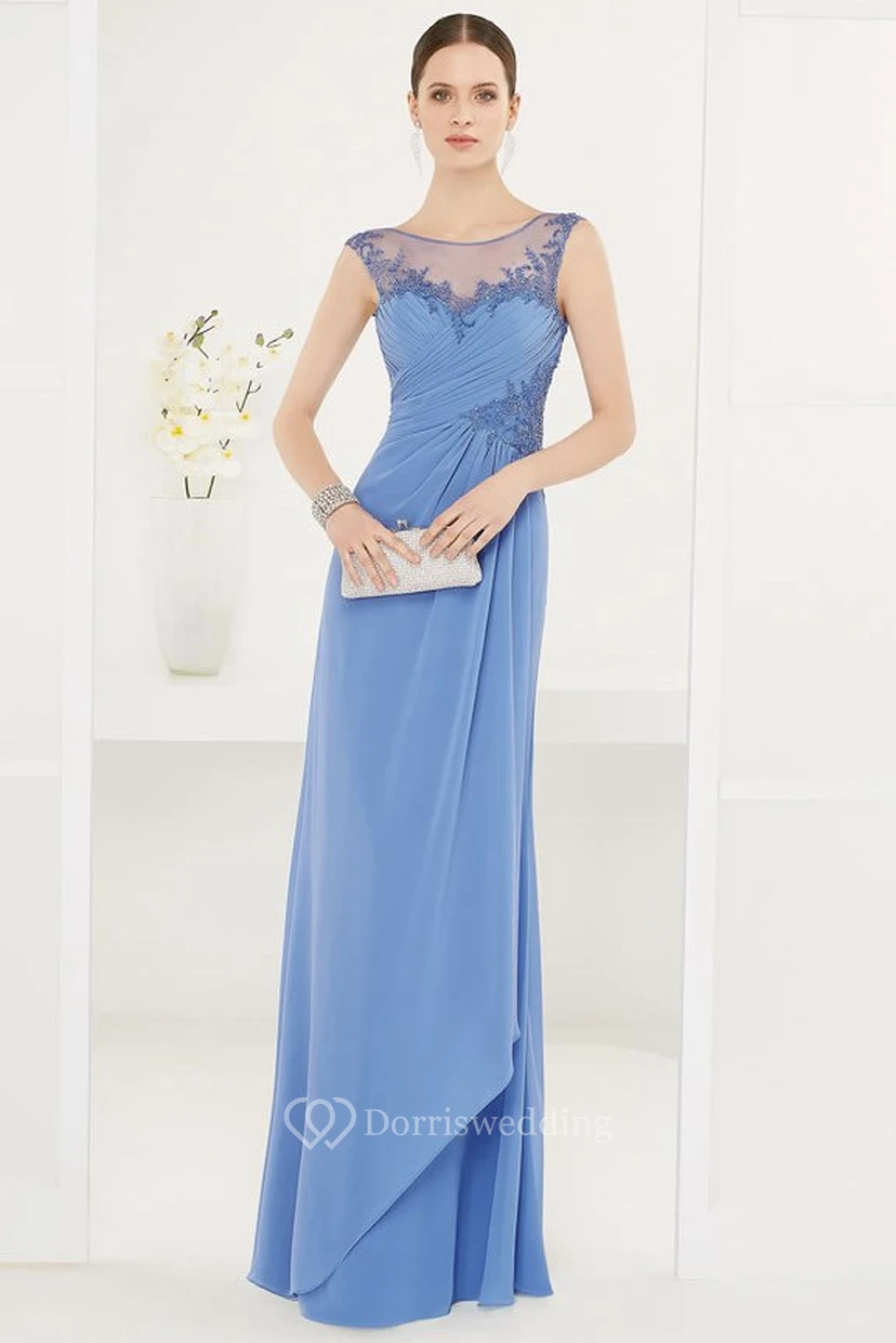 Scoop Neck Side Drape Chiffon Long Prom Dress With Appliques And Open Back