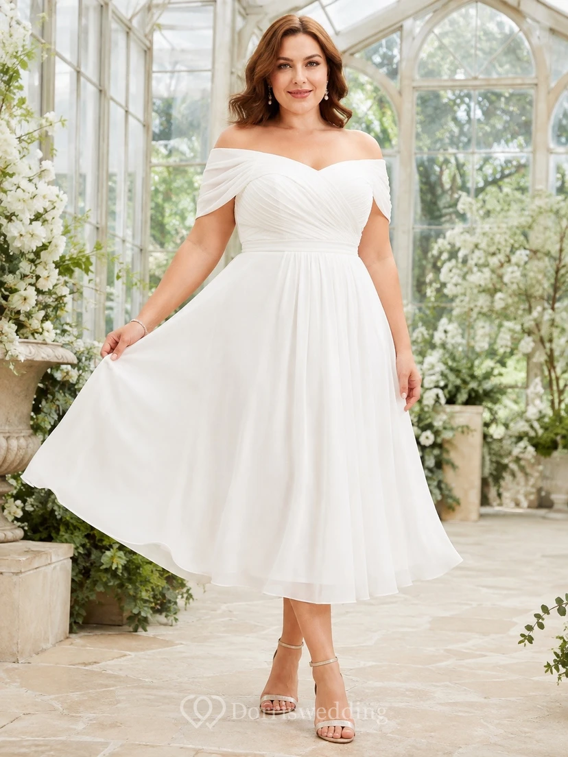 Plus Size White Off Shoulder Short Sleeve A Line Midi Dress