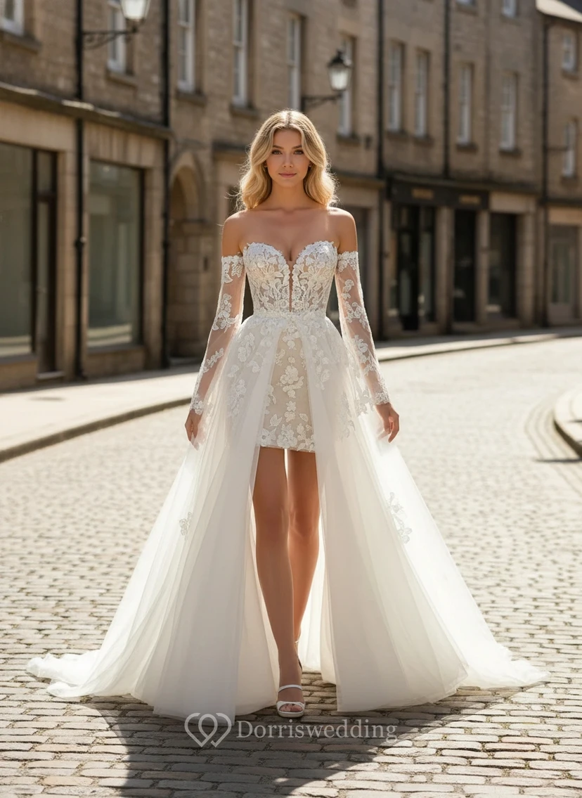 Sexy Brautkleid mit herzförmigem Herzausschnitt, langen Ärmeln und abnehmbarem Rock