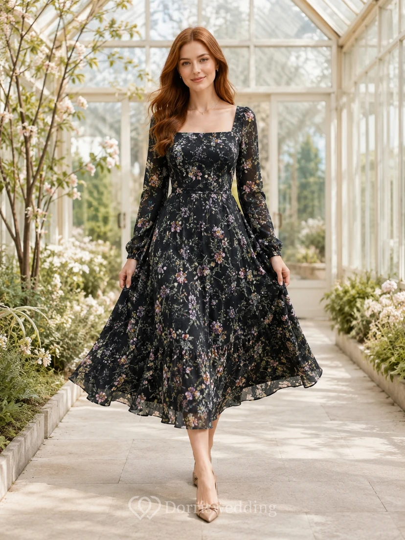 Robe midi à fleurs noires, col carré, manches longues, style jardin