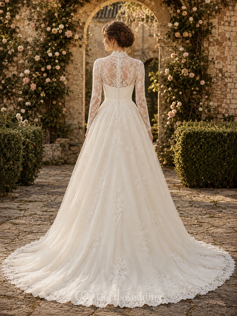 Modest Lace Tulle Wedding Dress A-Line High Neck Long Sleeve Chapel Train Bridal Gown view 2