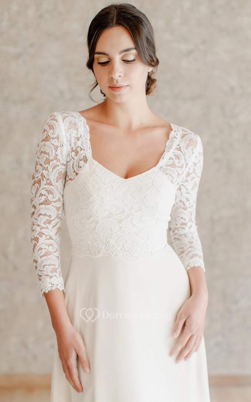Robe de mariée Queen Anne en dentelle décontractée, coupe trapèze, longueur cheville, manches 3/4 view 3