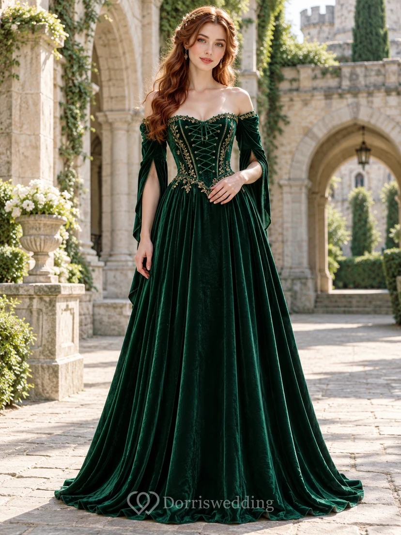 Medieval Dark Green Off Shoulder Gold Trim Velvet Corset Prom Dress
