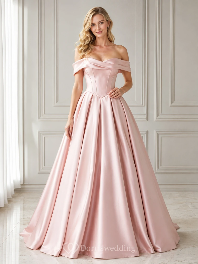 Rosafarbenes, schulterfreies Ballkleid aus Satin mit Herzausschnitt, formelles Abiballkleid, Empfangskleid