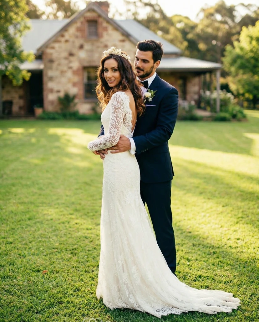Vestido de novia clásico de encaje con escote en V - Vestido de novia de corte sirena ajustado de manga larga con cola view 2