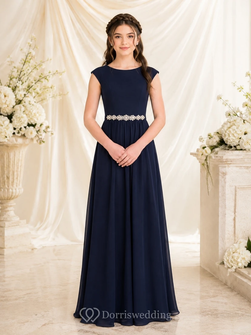 Dark Navy Junior Bridesmaid Dress A-Line Scoop Short Sleeve Chiffon Crystal Detail Elegant
