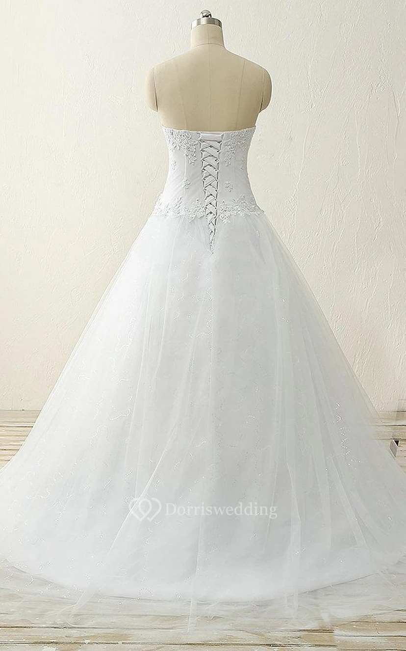 A-Line Ball Gown Floor-Length Straps Sweetheart Beading Appliques Sweep Train Corset Back Straps Tulle Lace Satin Dress view 2