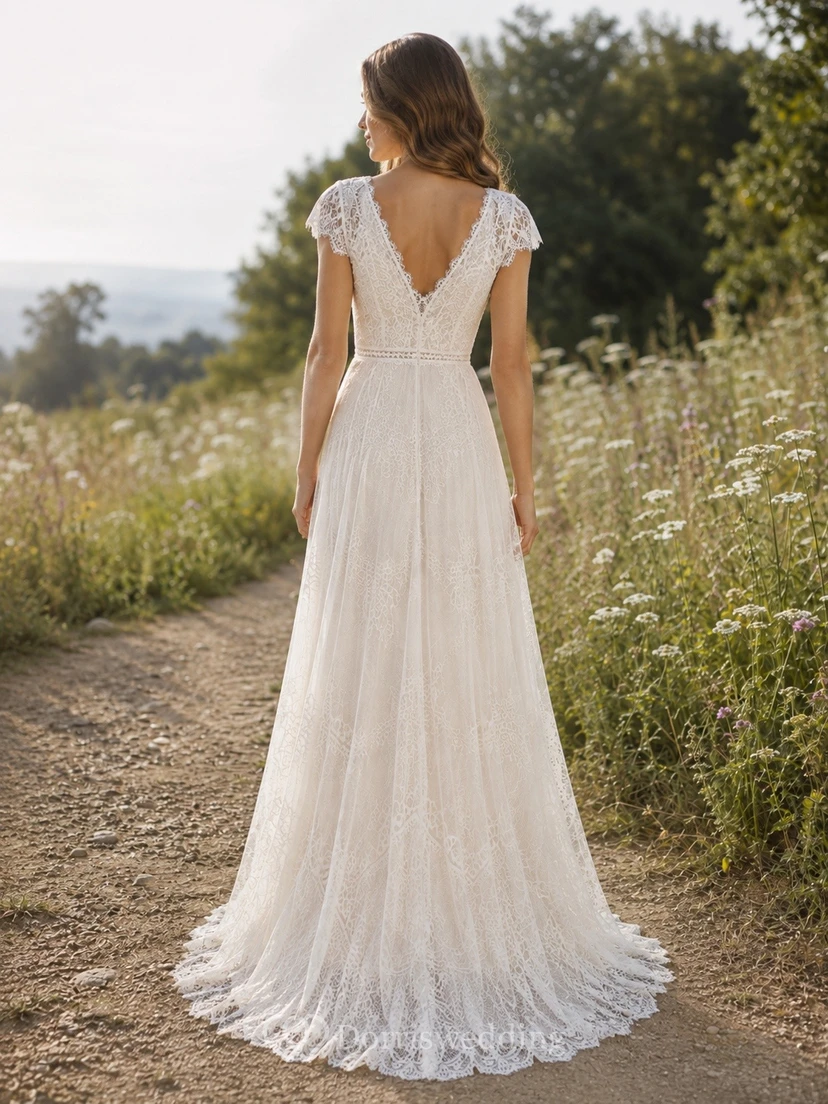 Bohemian Lace V-neck Short Sleeve A-Line Sweep Train Bridal Gown view 2
