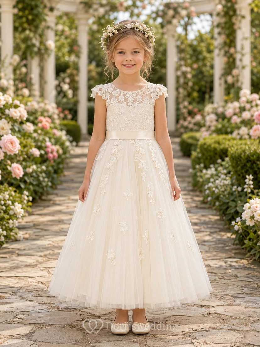 Blumenmädchenkleid aus elfenbeinfarbener Spitze und Tüll, A-Linie, kurze Ärmel, Rundhalsausschnitt, Teelänge, Schärpendetails