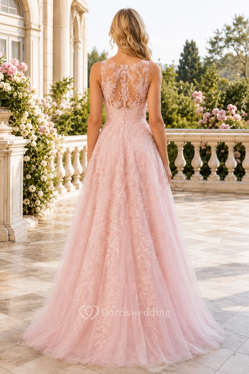 Elegantes, rosafarbenes A-Linien-Abendkleid aus Spitze und Tüll mit Illusionsausschnitt und Schleppe view 2