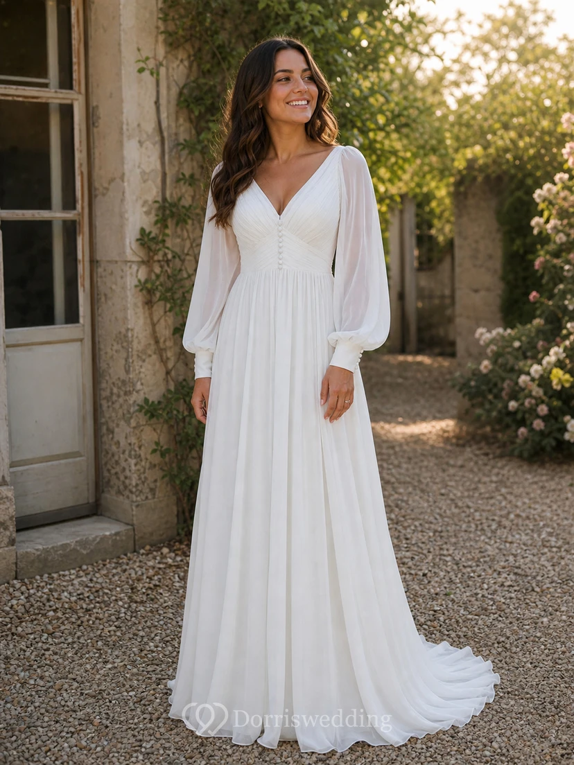 Chiffon-Hochzeitskleid mit langen Ärmeln und Puffärmeln in Übergröße im Empire-Stil view 10
