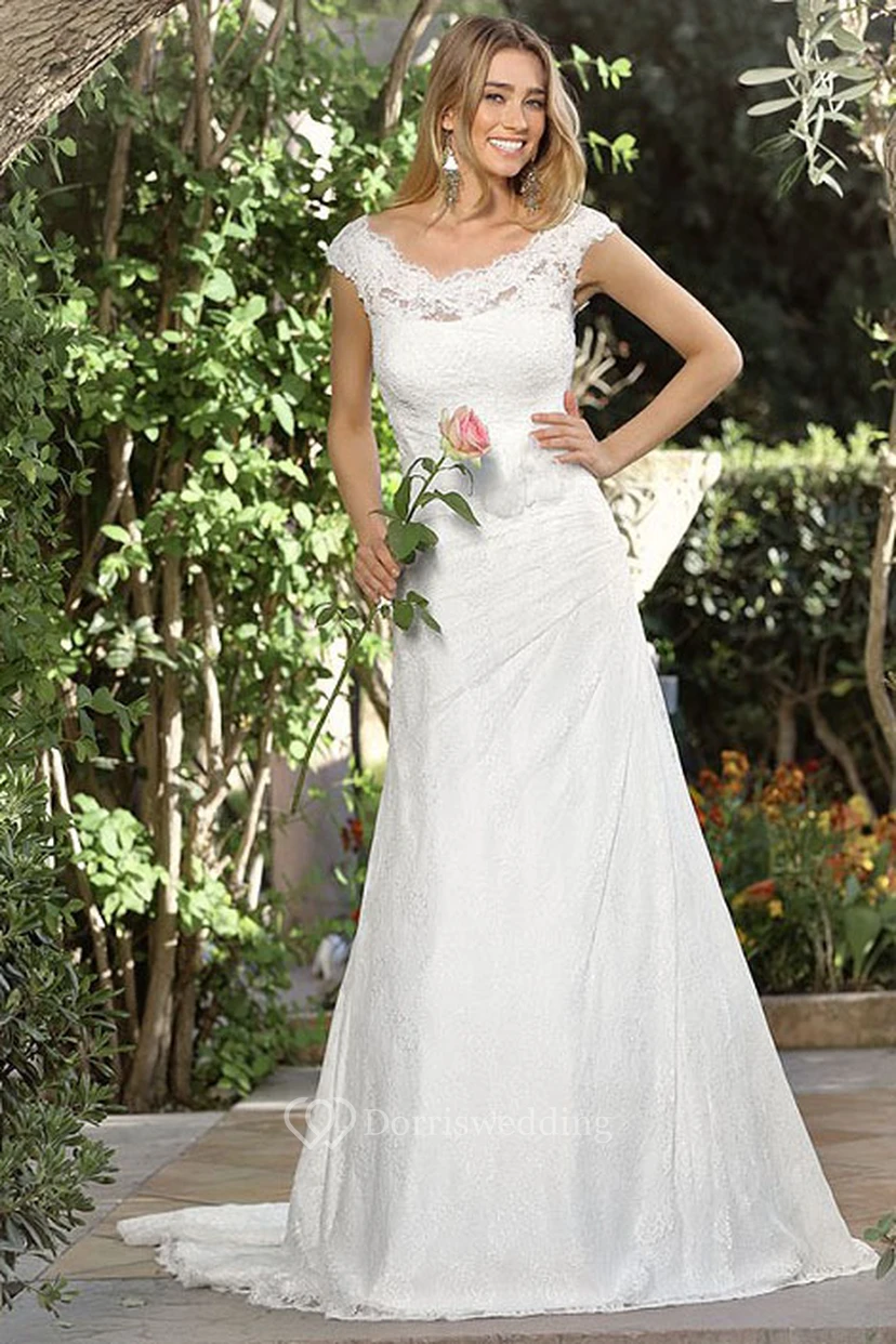Sheath V-Neck Cap-Sleeve Lace Wedding Dress With Side Draping