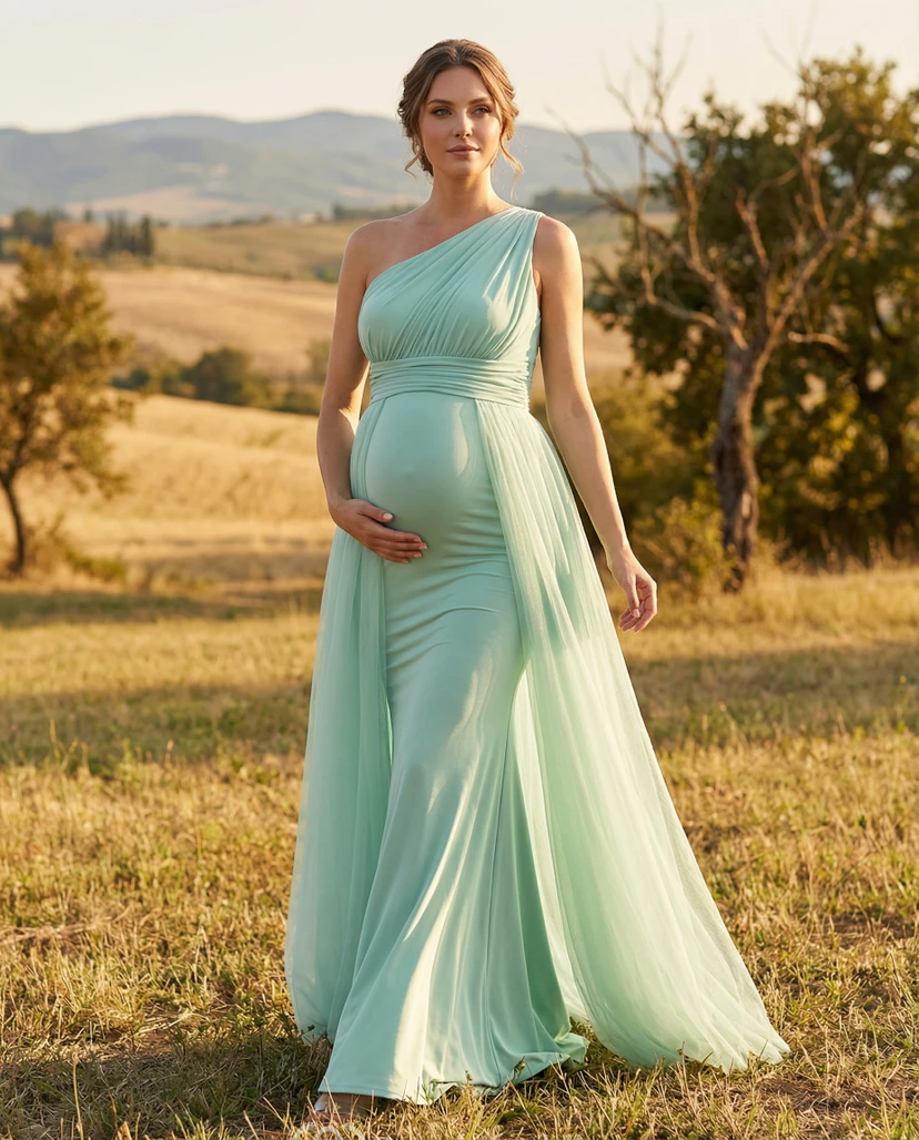 Mint Green One-Shoulder Maternity Formal Dress with Pleated Bodice & Chiffon Overlay