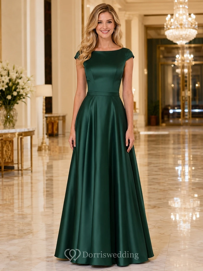 Dark Green Bateau Cap Sleeve Satin A-Line Floor-Length Formal Evening Dress