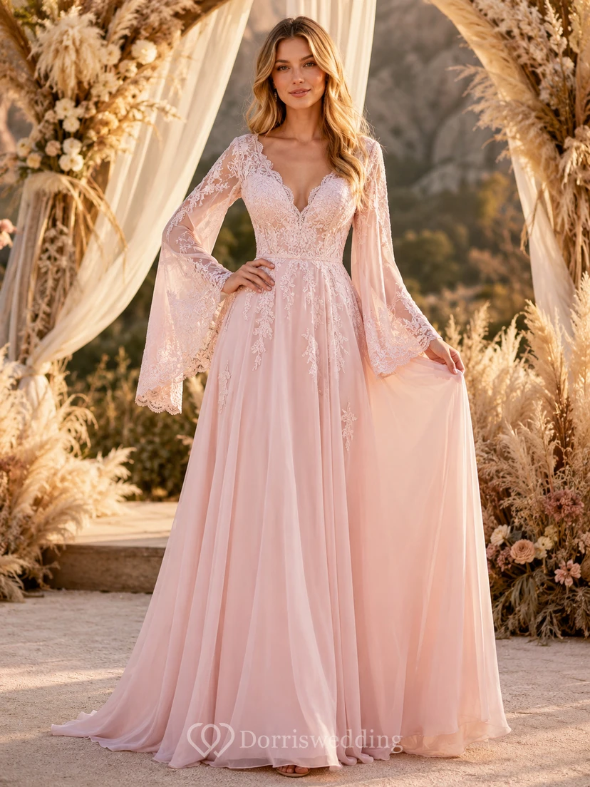 Brautkleid im Boho-Stil mit rosafarbenen Glockenärmeln und Spitzenoberteil