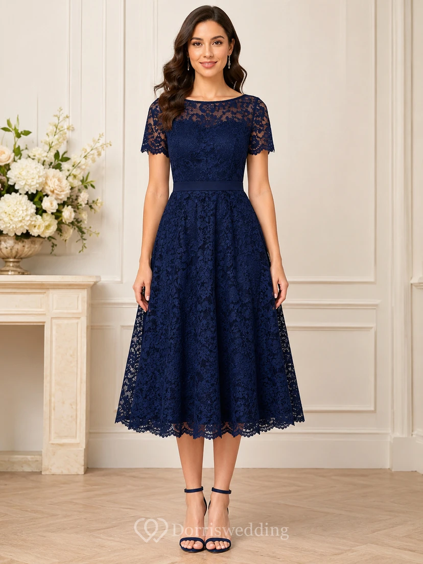 A-Line Tea-Length Bateau Short Sleeve Lace Wedding Guest Dress with Lace