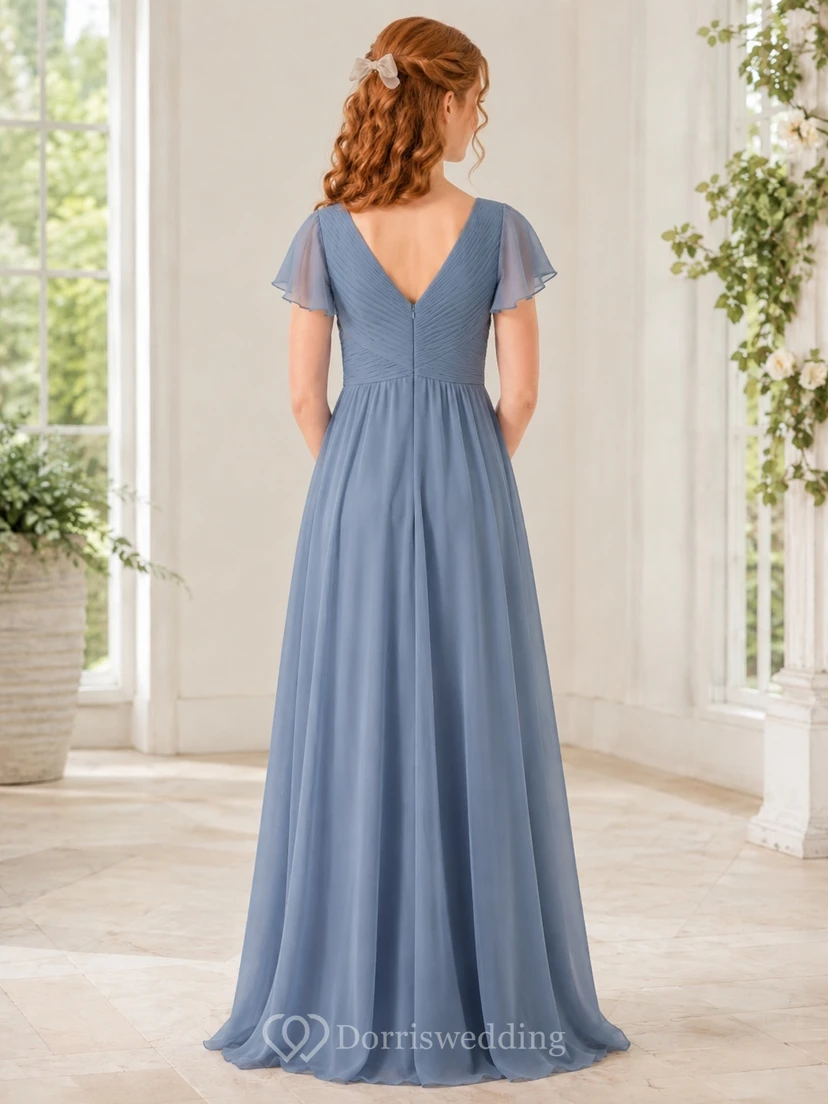 Elegantes, stahlblaues Brautjungfernkleid für junge Damen, A-Linie, V-Ausschnitt, kurze Ärmel, aus elegantem Chiffon. view 2