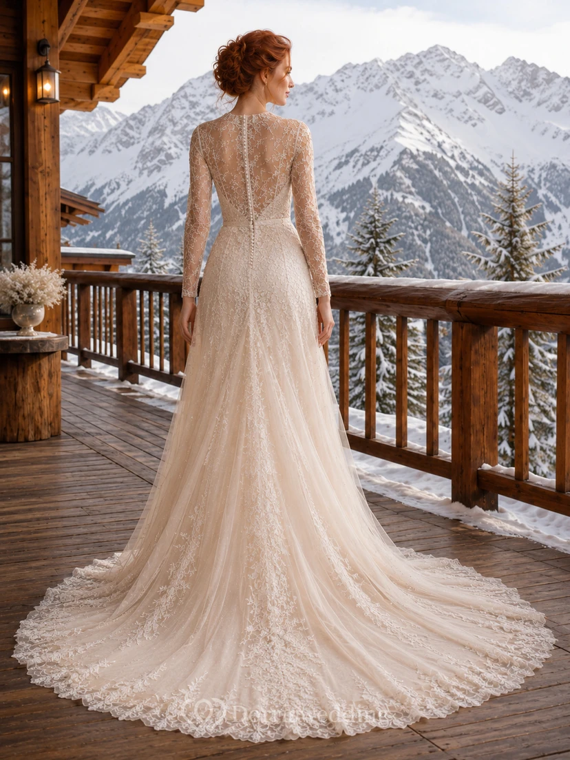 Robe de mariée en tulle et dentelle champagne, coupe trapèze, col montant, manches longues et traîne chapelle. view 2