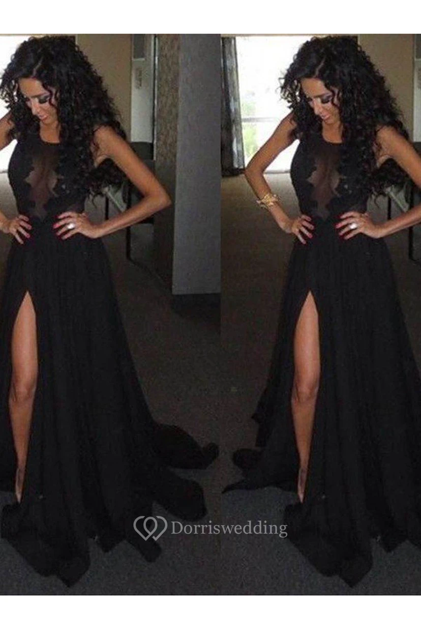 Ärmelloses A-Linien-Kleid aus Chiffon, Spitze und Schmucksteinen mit Reißverschluss