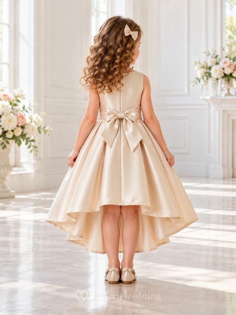 High-low Champagne Notched Neck Bow Waist Satin Flower Girl Dress view 2