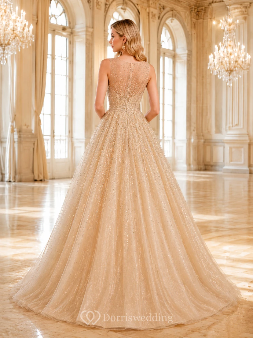 Champagnerfarbenes Ballkleid aus Spitze und Tüll view 2