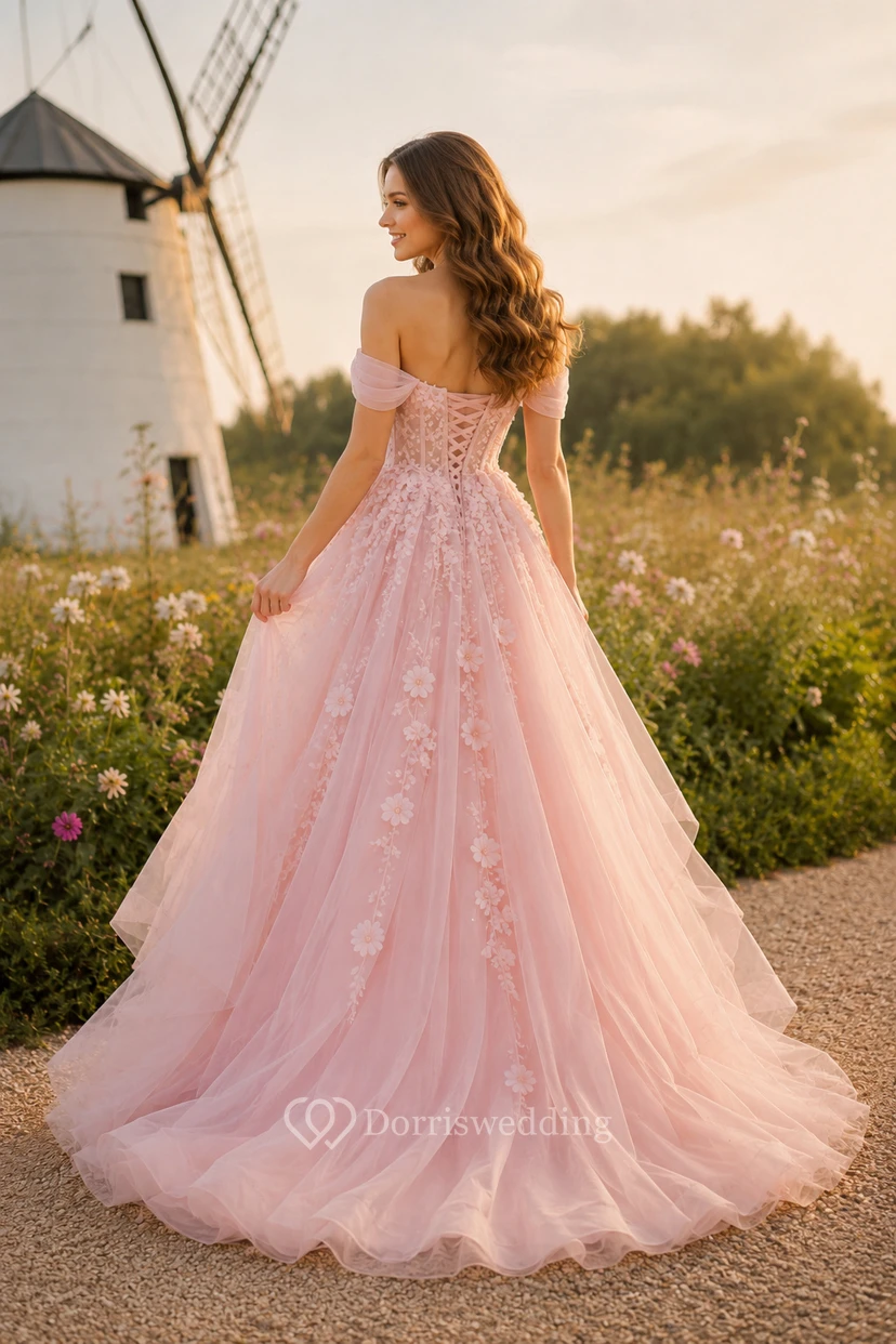 Zartrosa schulterfreies A-Linien-Abendkleid aus Tüll mit floralen Applikationen view 2