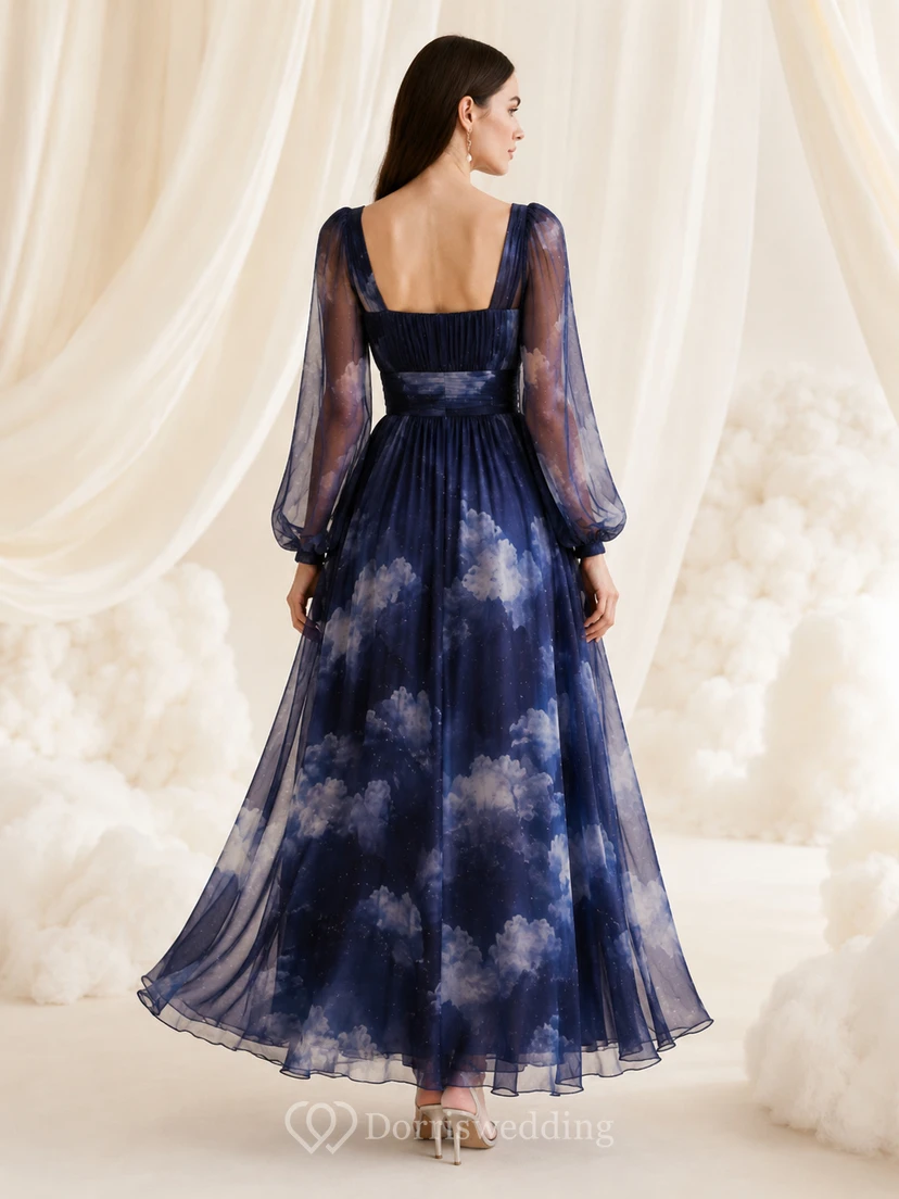 Navy Cloud Print Long Sleeve Chiffon Midi Dress view 2