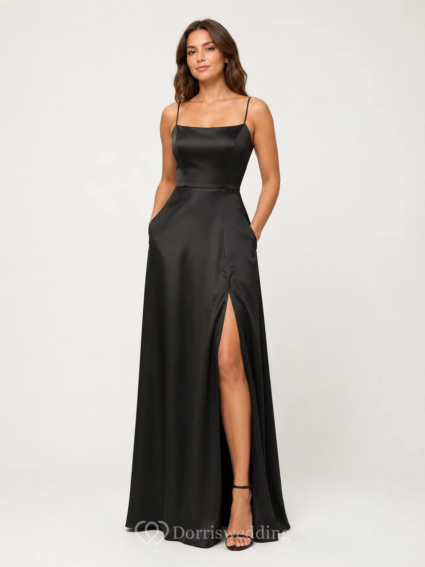 Vestido formal de satén negro con tirantes finos y corte en A, con bolsillos.