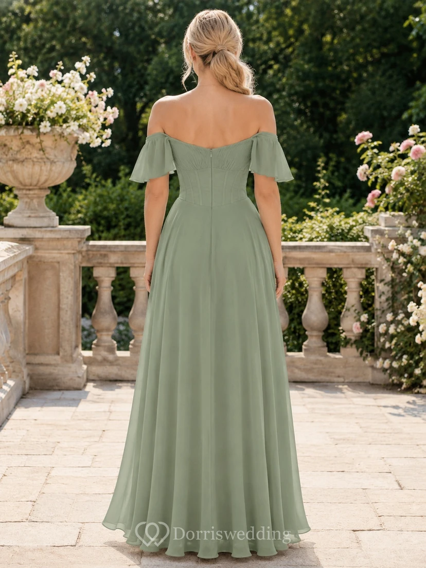Robe de soirée romantique longue en mousseline de soie sauge, plissée, à épaules dénudées et épaules dénudées view 2