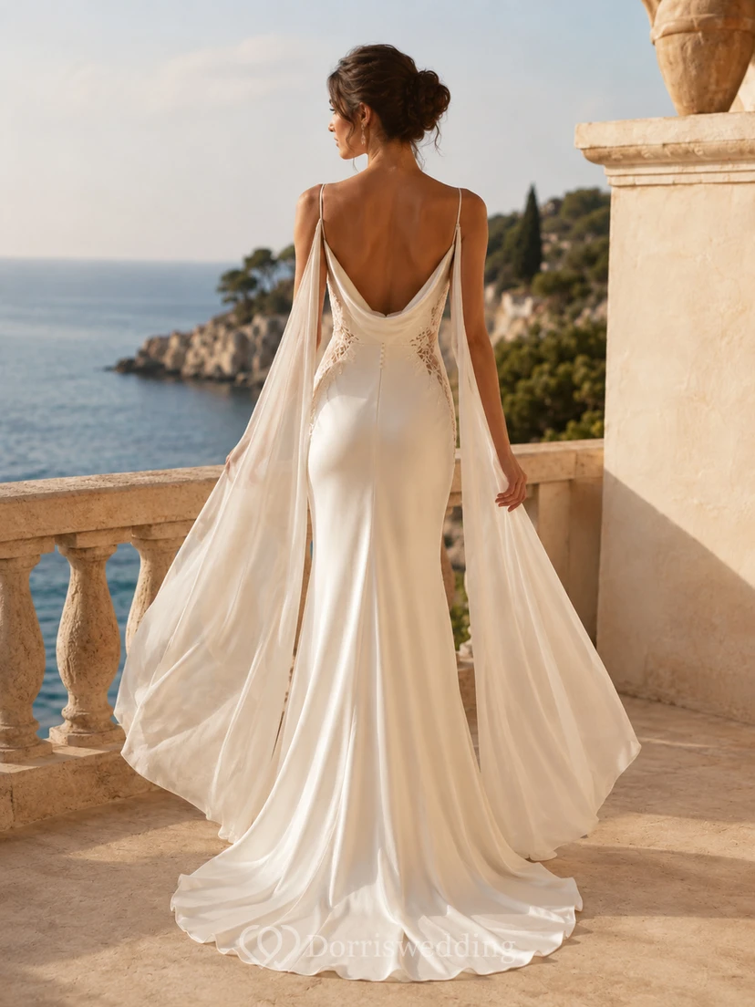 Robe de mariée élégante en satin et mousseline de soie, col bénitier, sans manches, coupe fourreau et traîne, idéale pour une destination touristique. view 2
