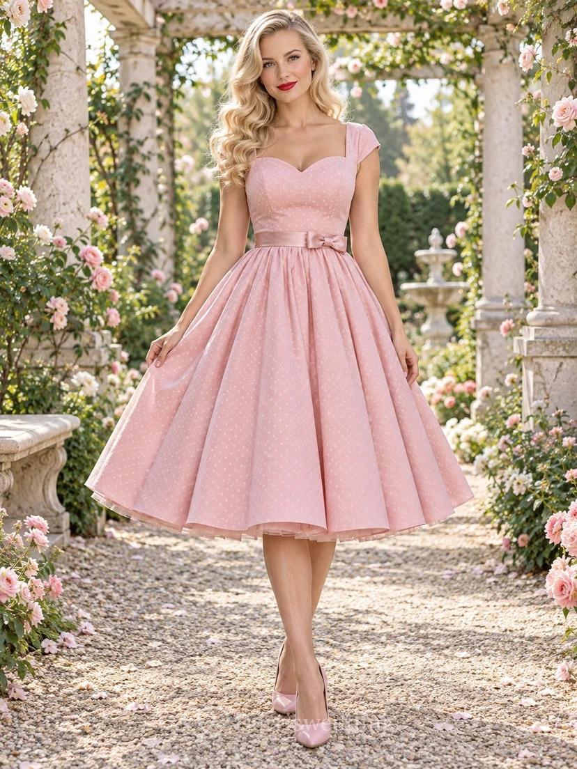 Teelanges Rockabilly-Brautjungfernkleid in zartem Rosa mit Herzausschnitt und kurzen Ärmeln
