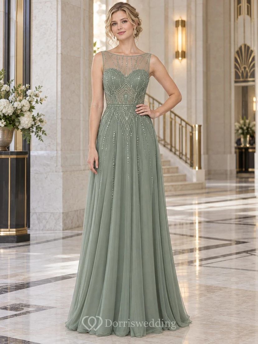 Vestido largo de dama de honor vintage color verde salvia, corte A, estilo barco, sin mangas, con escote ilusión, escote corazón y detalles de cuentas.