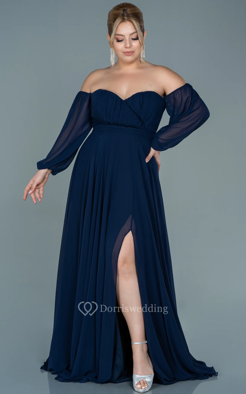 Off-the-shoulder Sweetheart Empire Plus Size Chiffon Front Split Evening Dress view 5